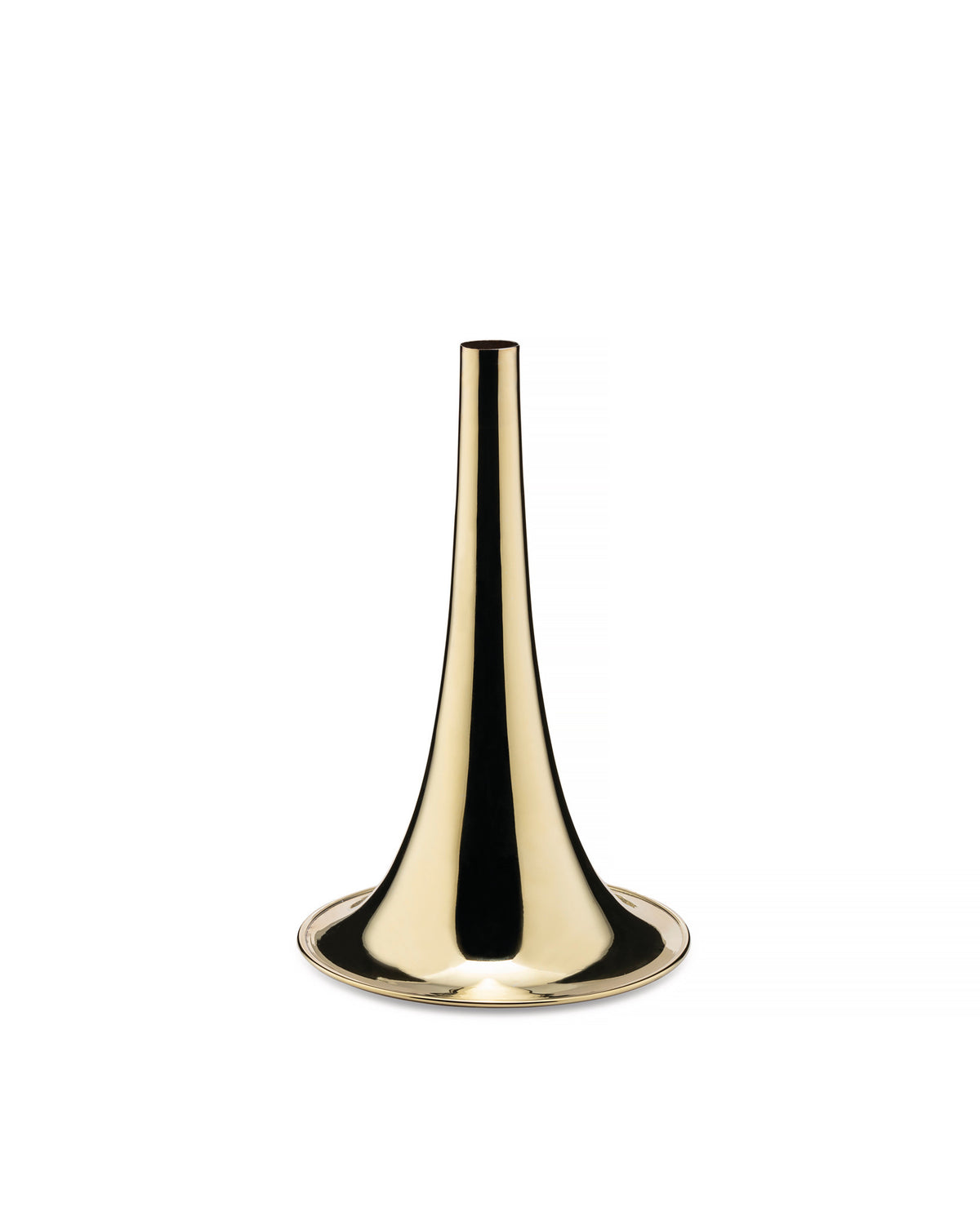 Golden trumpet vase by Alessi featuring a high-polish, reflective finish against a white background.