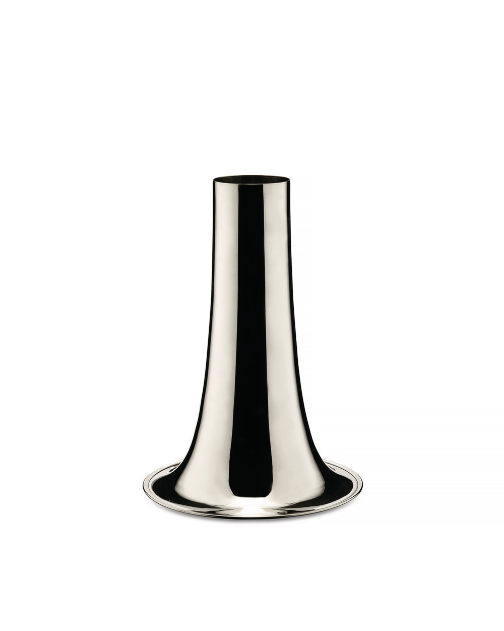 Silver trumpet-shaped vase by Alessi with a highly polished, reflective surface on a white background.