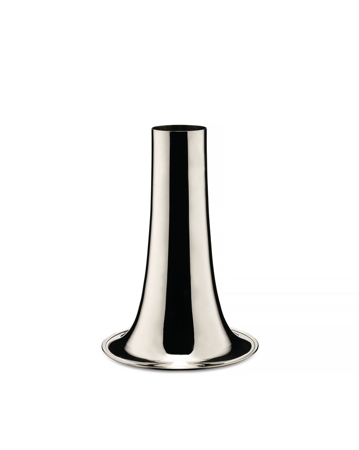 Silver trumpet-shaped vase by Alessi with a highly polished, reflective surface on a white background.