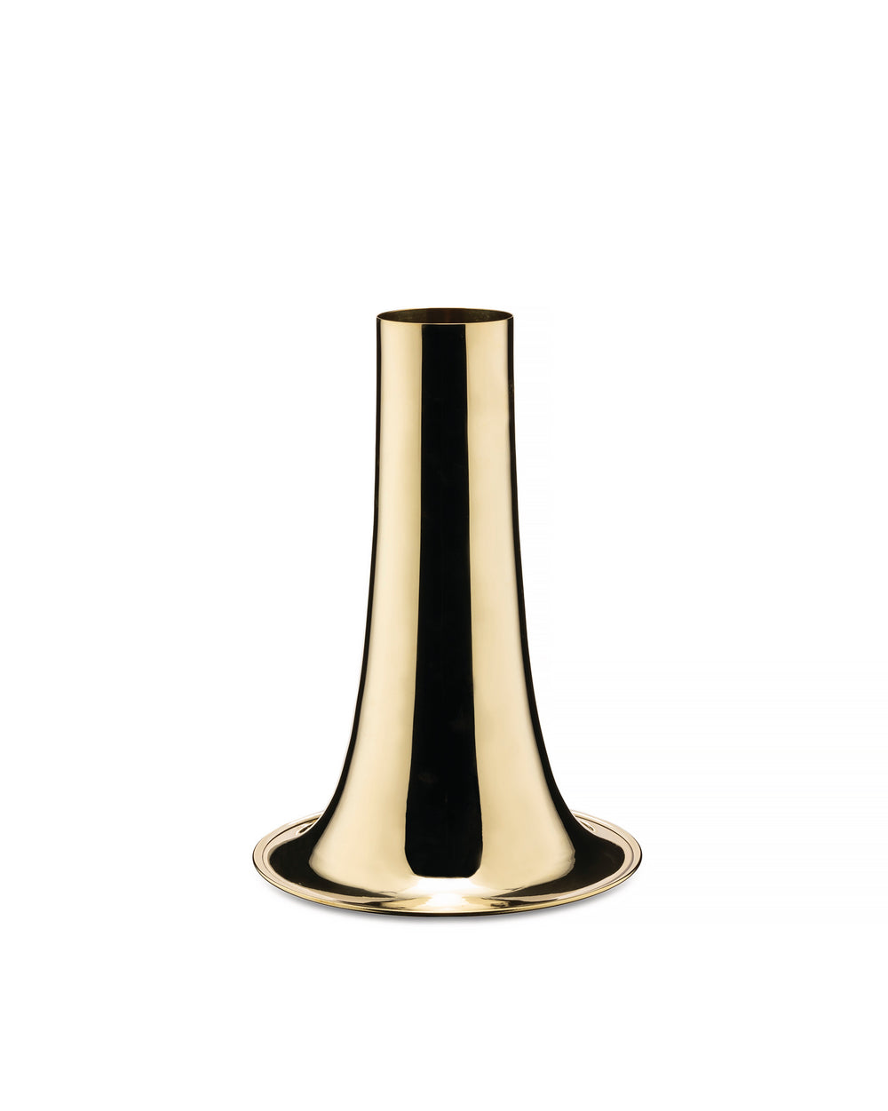 Gold trumpet-shaped vase by Alessi, with a polished, reflective finish, isolated on a white background.