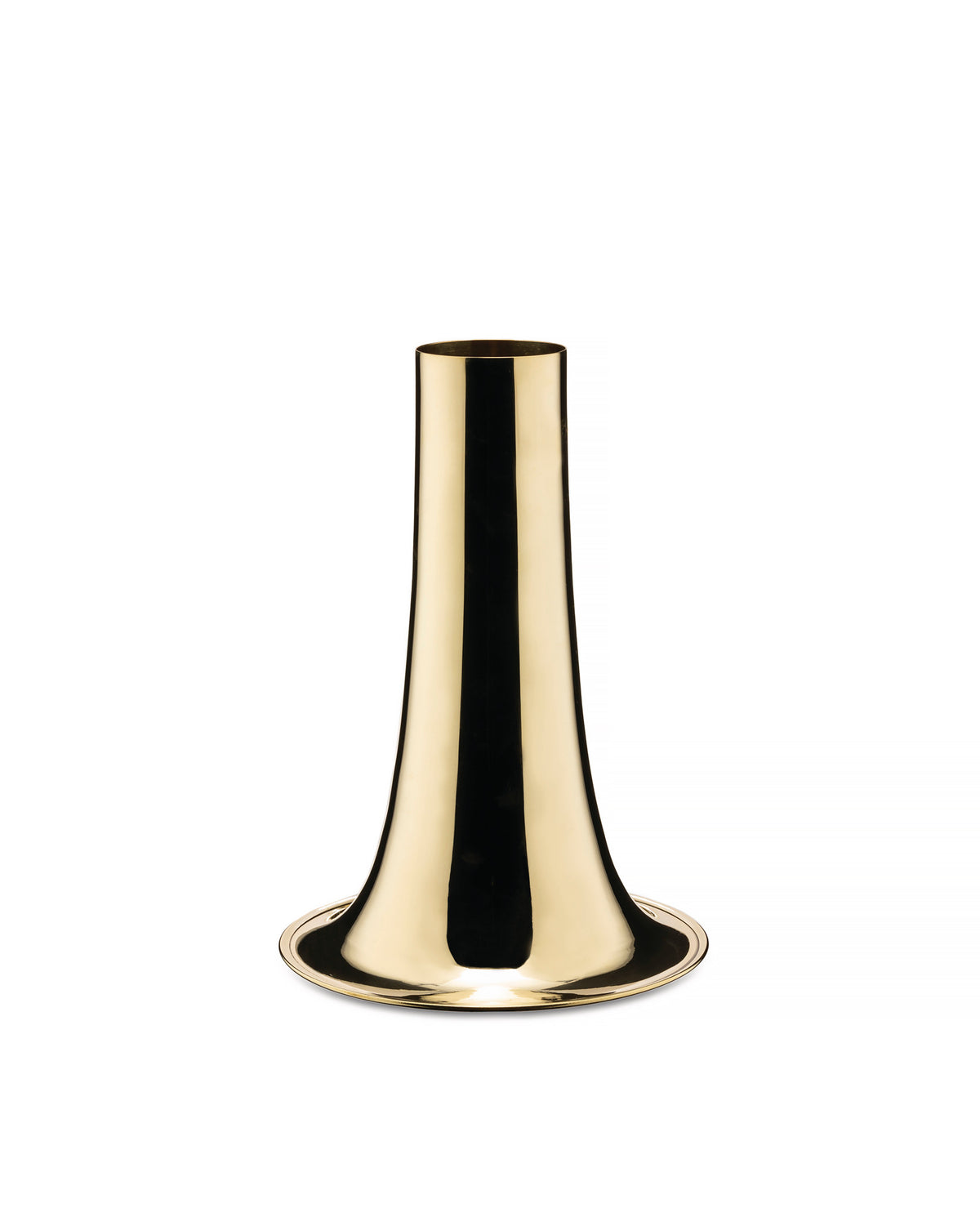 Gold trumpet-shaped vase by Alessi, with a polished, reflective finish, isolated on a white background.