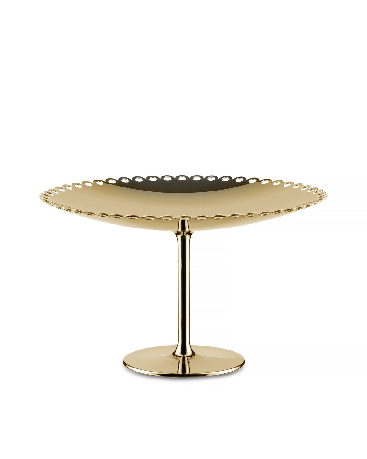 Gold fruit holder by Alessi with a scalloped edge, elevated on a polished stem and base.