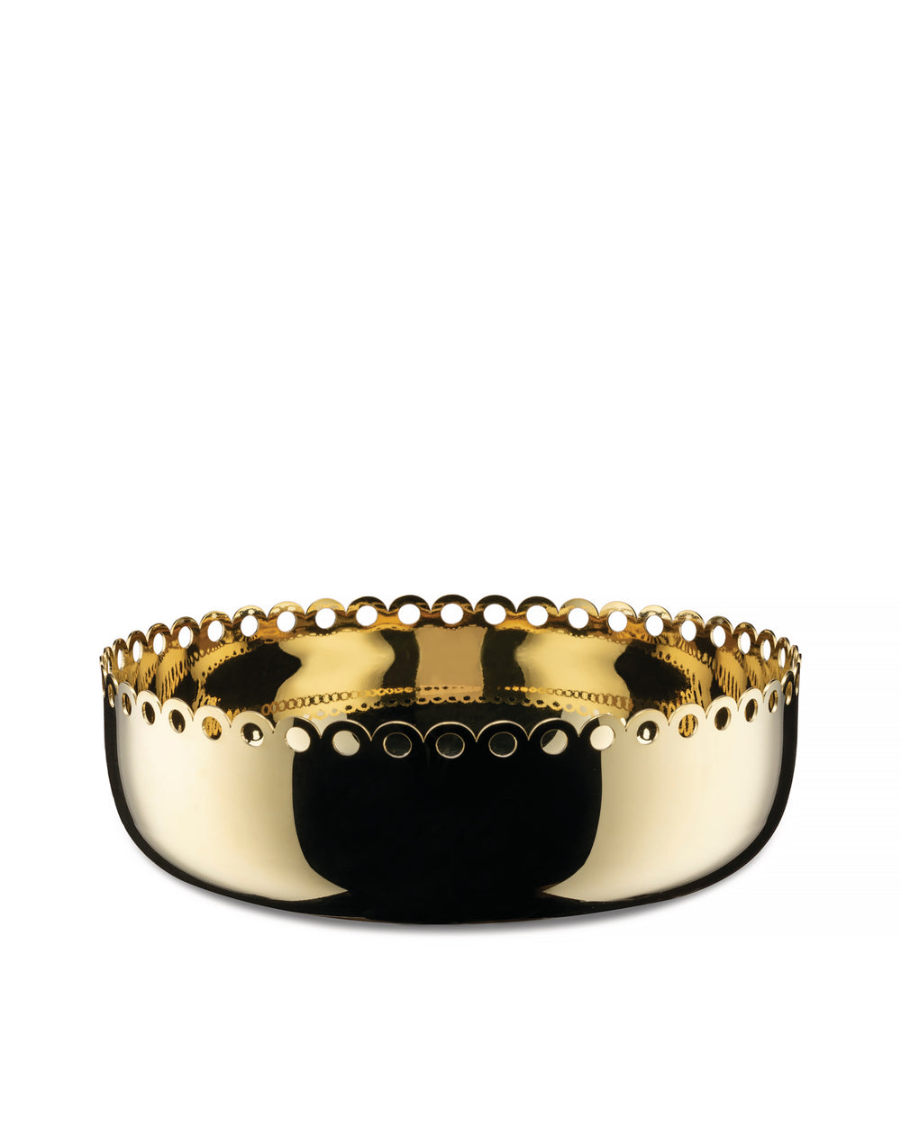 Golden metallic bowl by Alessi with a decorative scalloped edge featuring circular cut-outs.