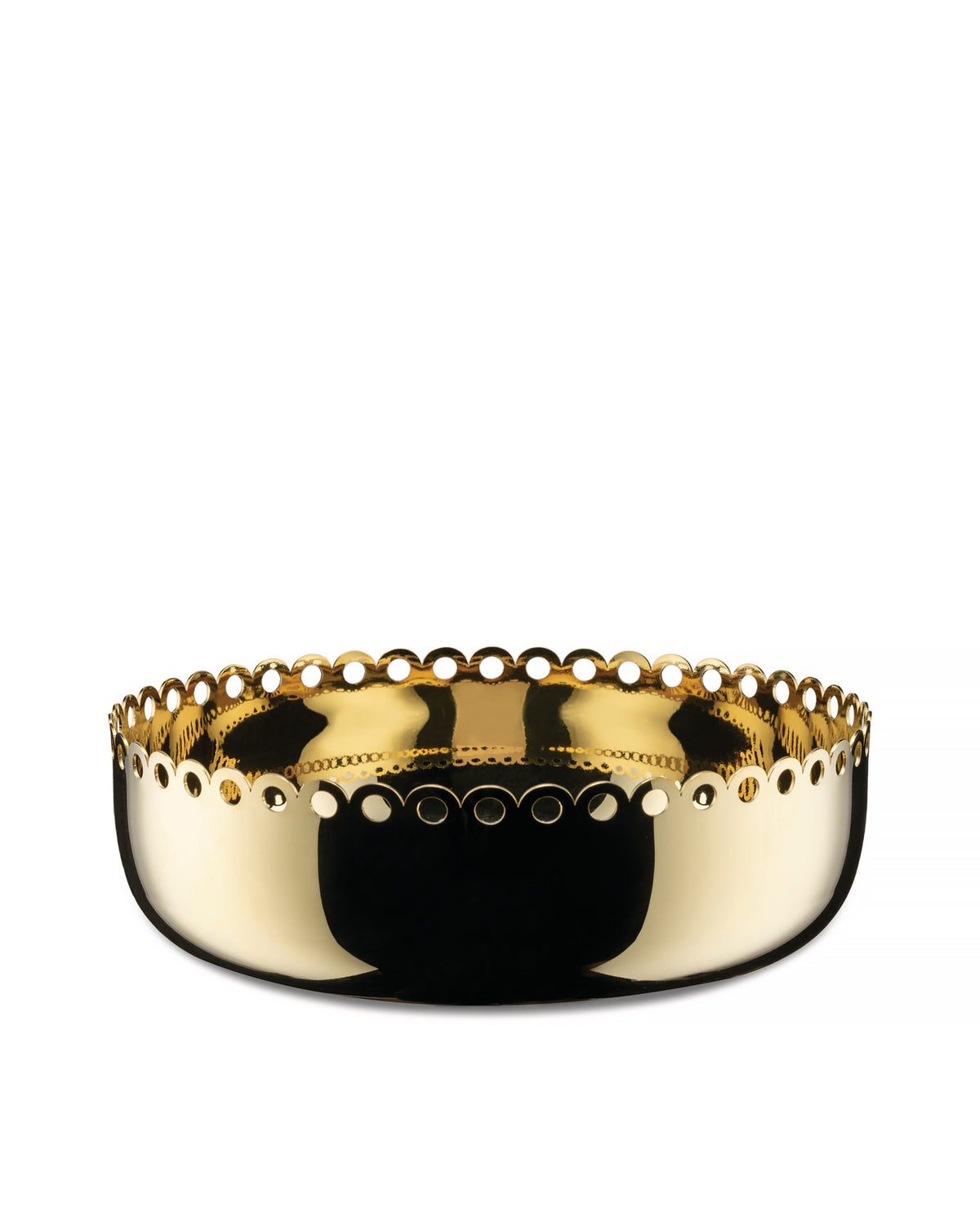 Golden metallic bowl by Alessi with a decorative scalloped edge featuring circular cut-outs.