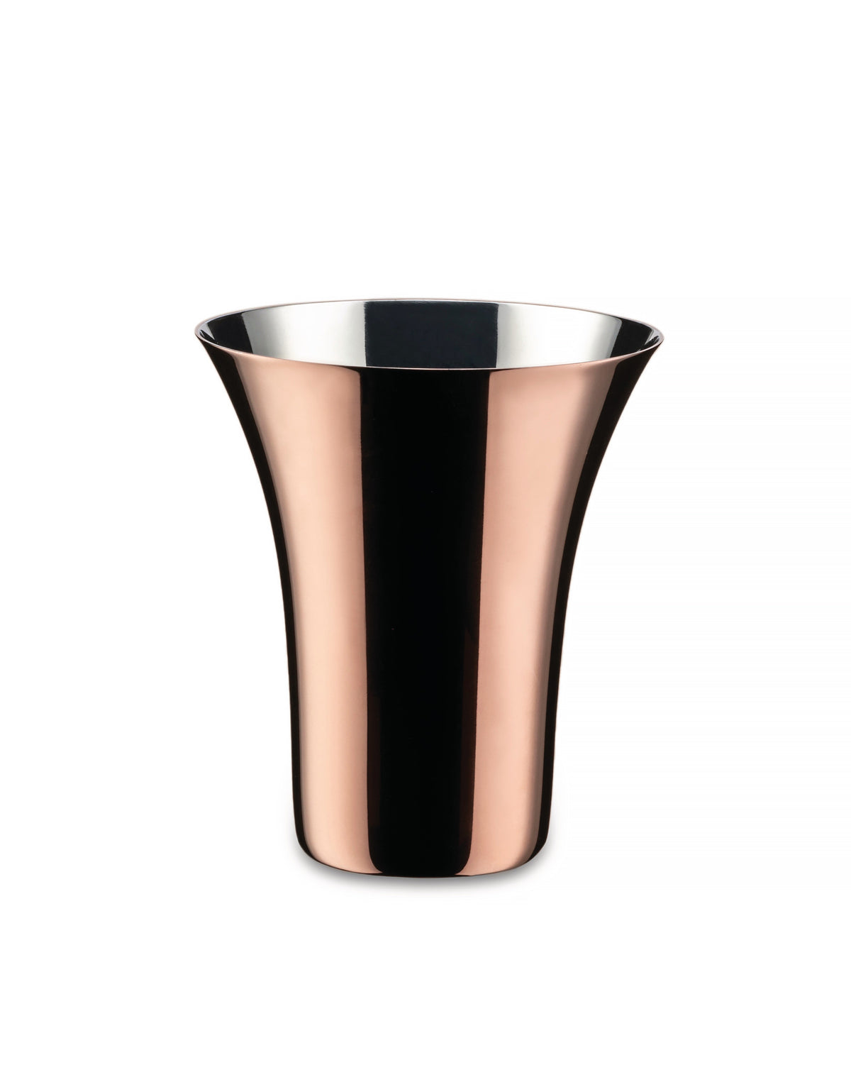 Reflective copper metal tumbler by Alessi, with a flared rim and shiny silver interior.