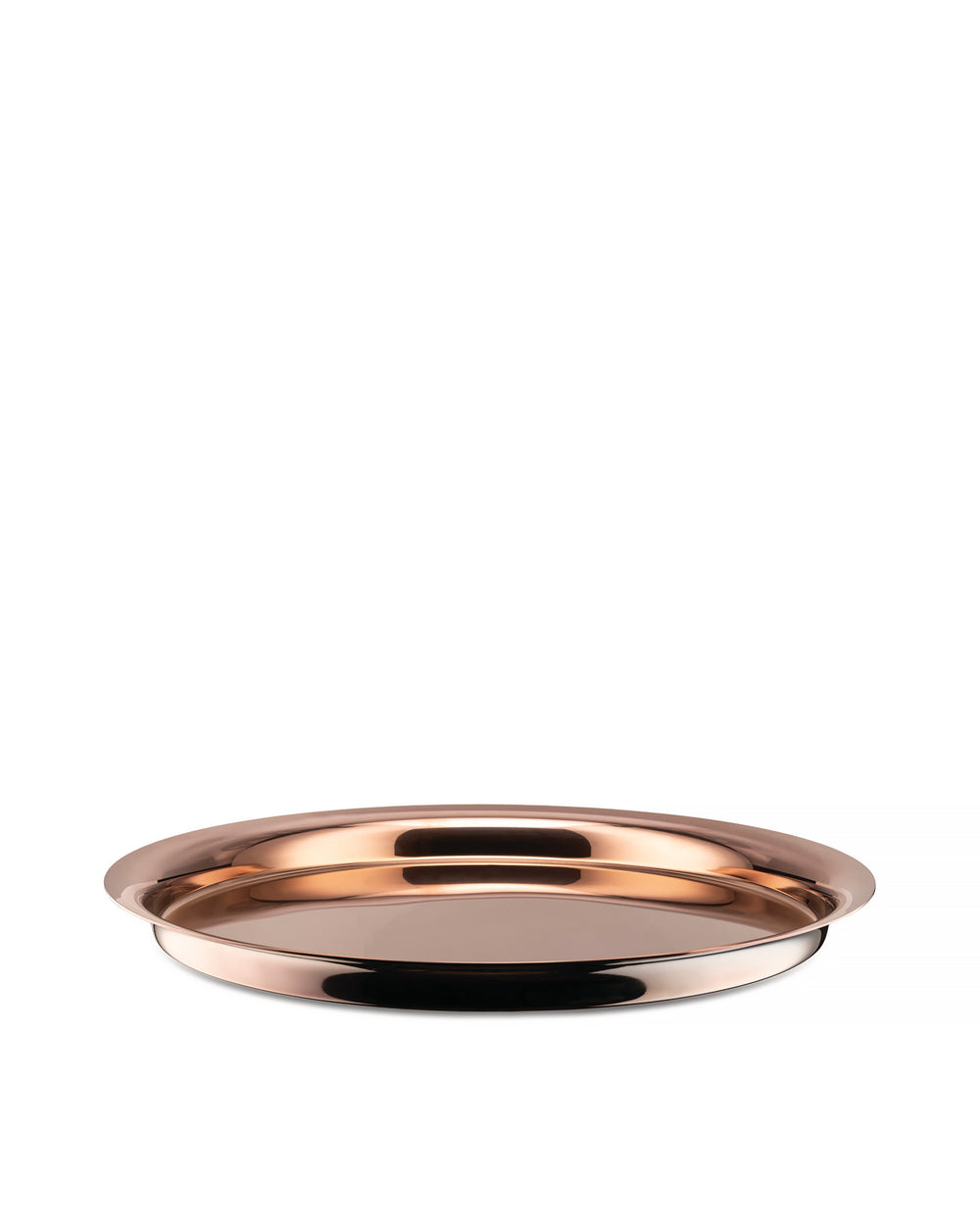 Polished copper tray by Alessi, round with a reflective surface and raised rim, seen from a low angle.