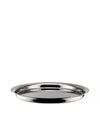 Polished round stainless steel tray by Alessi, with a highly reflective surface, shown from a low angle.