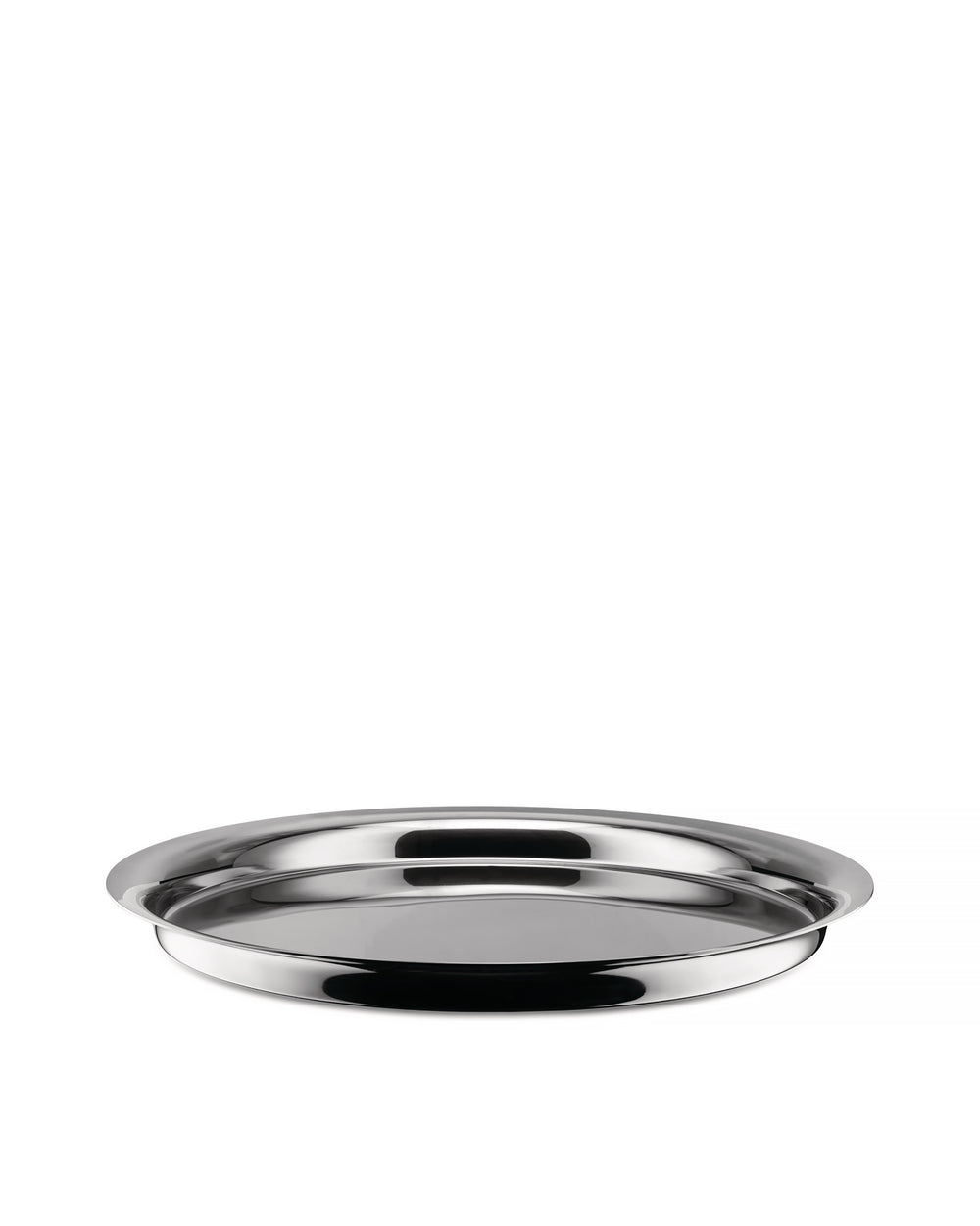 Polished round stainless steel tray by Alessi, with a highly reflective surface, shown from a low angle.