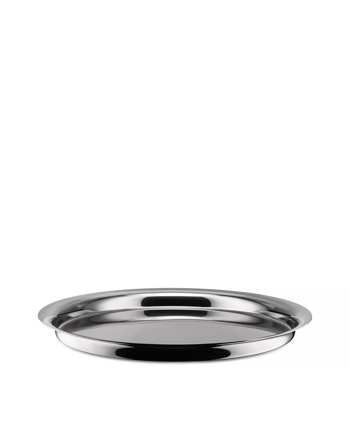 Polished round stainless steel tray by Alessi, with a highly reflective surface, shown from a low angle.