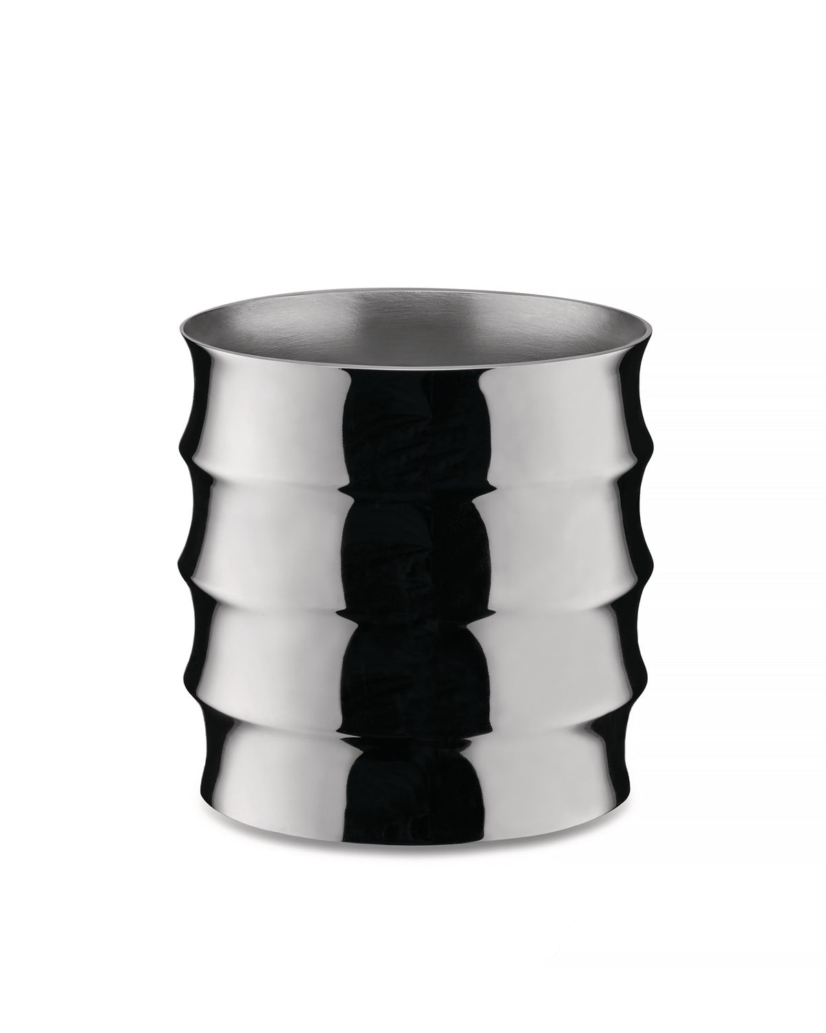 Silver metal glass by Alessi with a wavy ribbed exterior.
