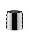 Shiny silver Dervisci glasses by Alessi, a stack of four tapered metal rings with dark reflections, on a white background.