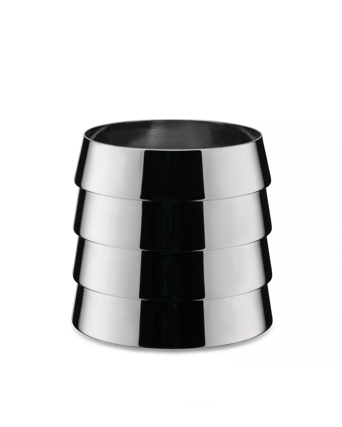 Shiny silver Dervisci glasses by Alessi, a stack of four tapered metal rings with dark reflections, on a white background.