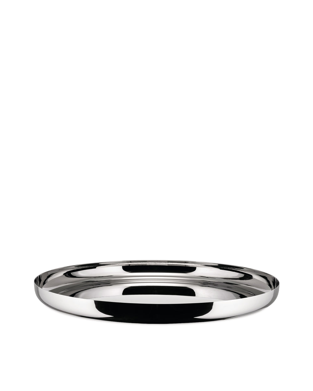 Polished silver metal serving platter by Alessi with a smooth, highly reflective finish.