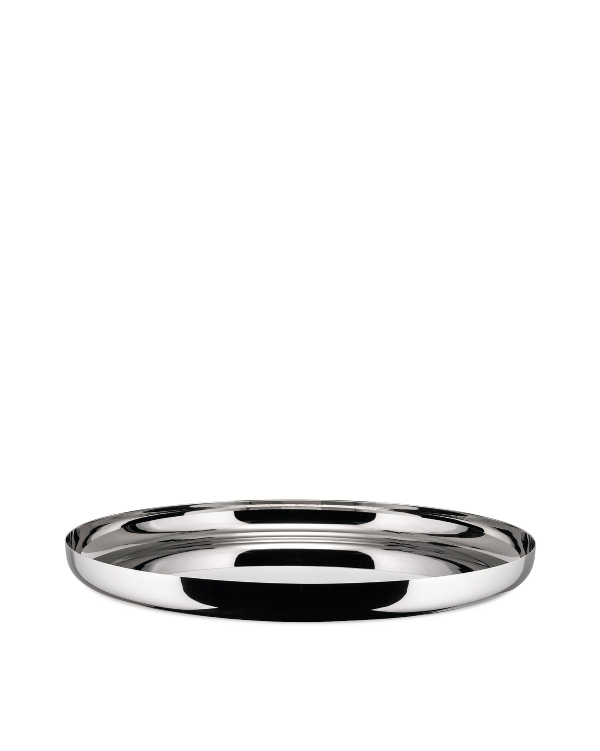 Polished silver metal serving platter by Alessi with a smooth, highly reflective finish.