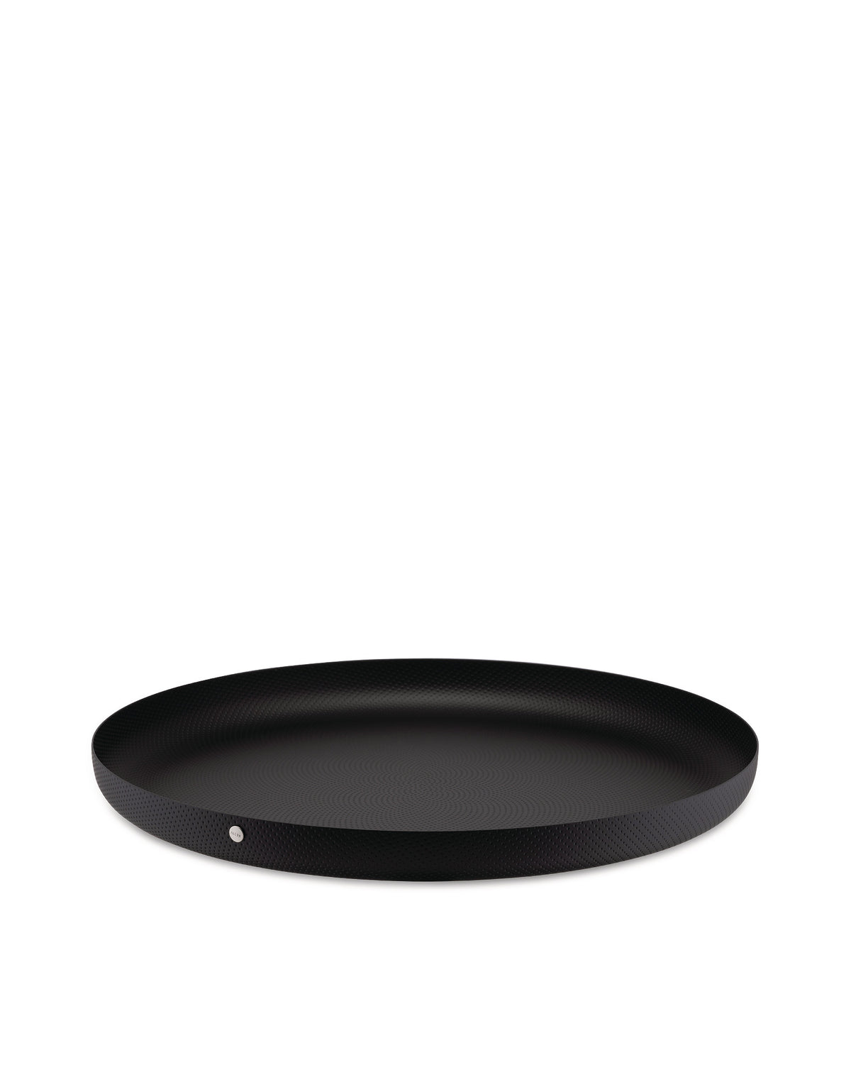 Round black tray by Alessi featuring a distinct dimpled texture across its surface and rim.