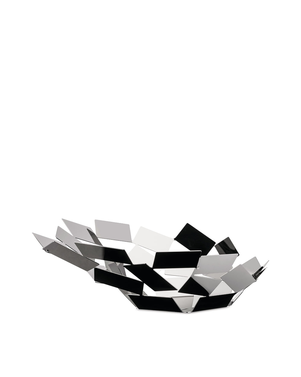 Geometric metal fruit bowl by Alessi, with contrasting silver and black polished facets.