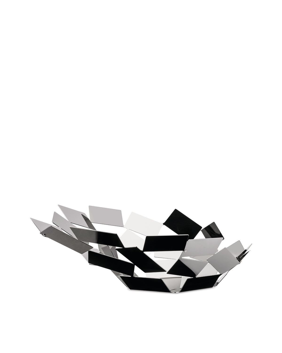 Geometric metal fruit bowl by Alessi, with contrasting silver and black polished facets.