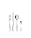 Polished stainless steel cutlery set by Alessi, including a fork, knife, and two spoons, isolated on white.