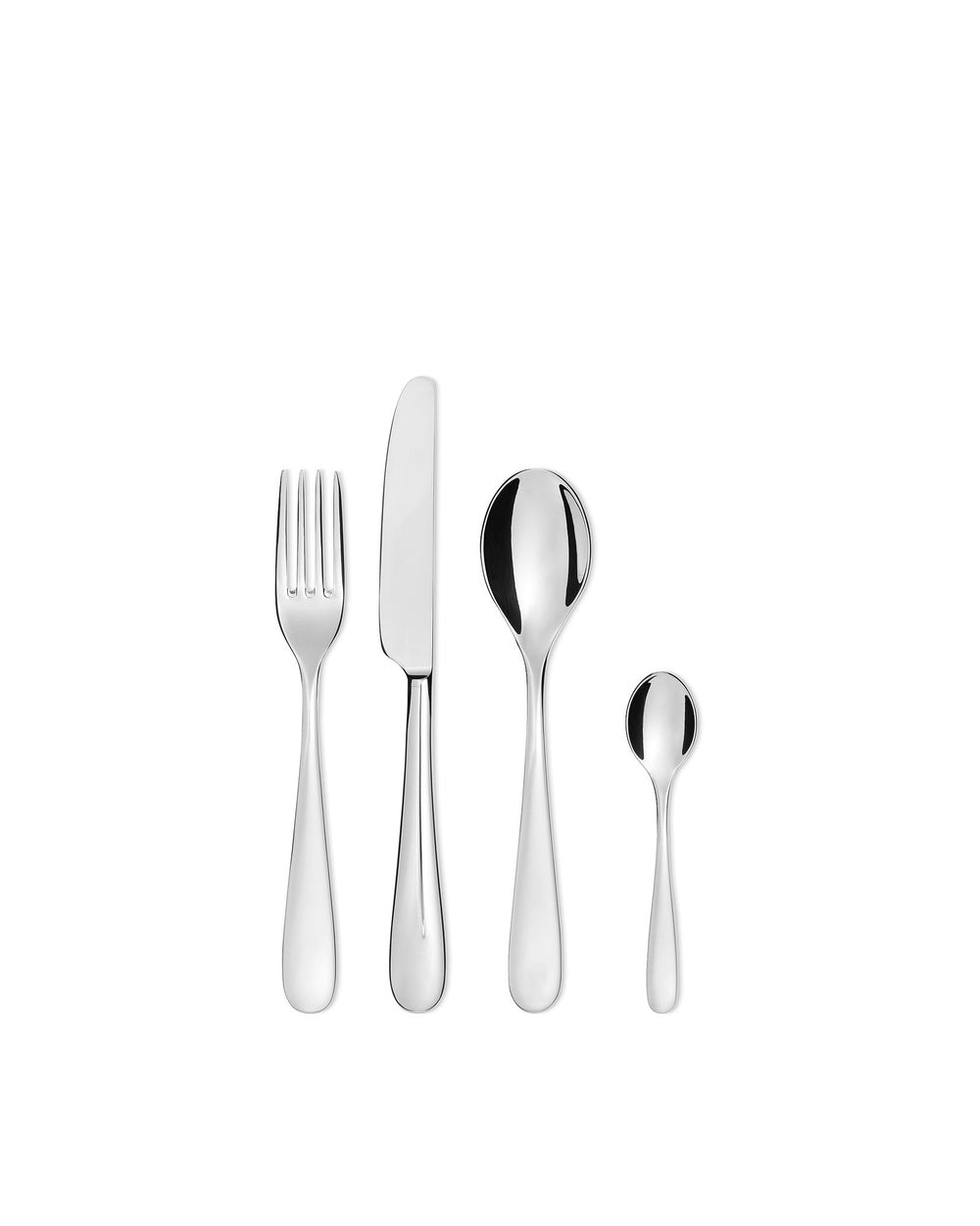 Polished stainless steel cutlery set by Alessi, including a fork, knife, and two spoons, isolated on white.