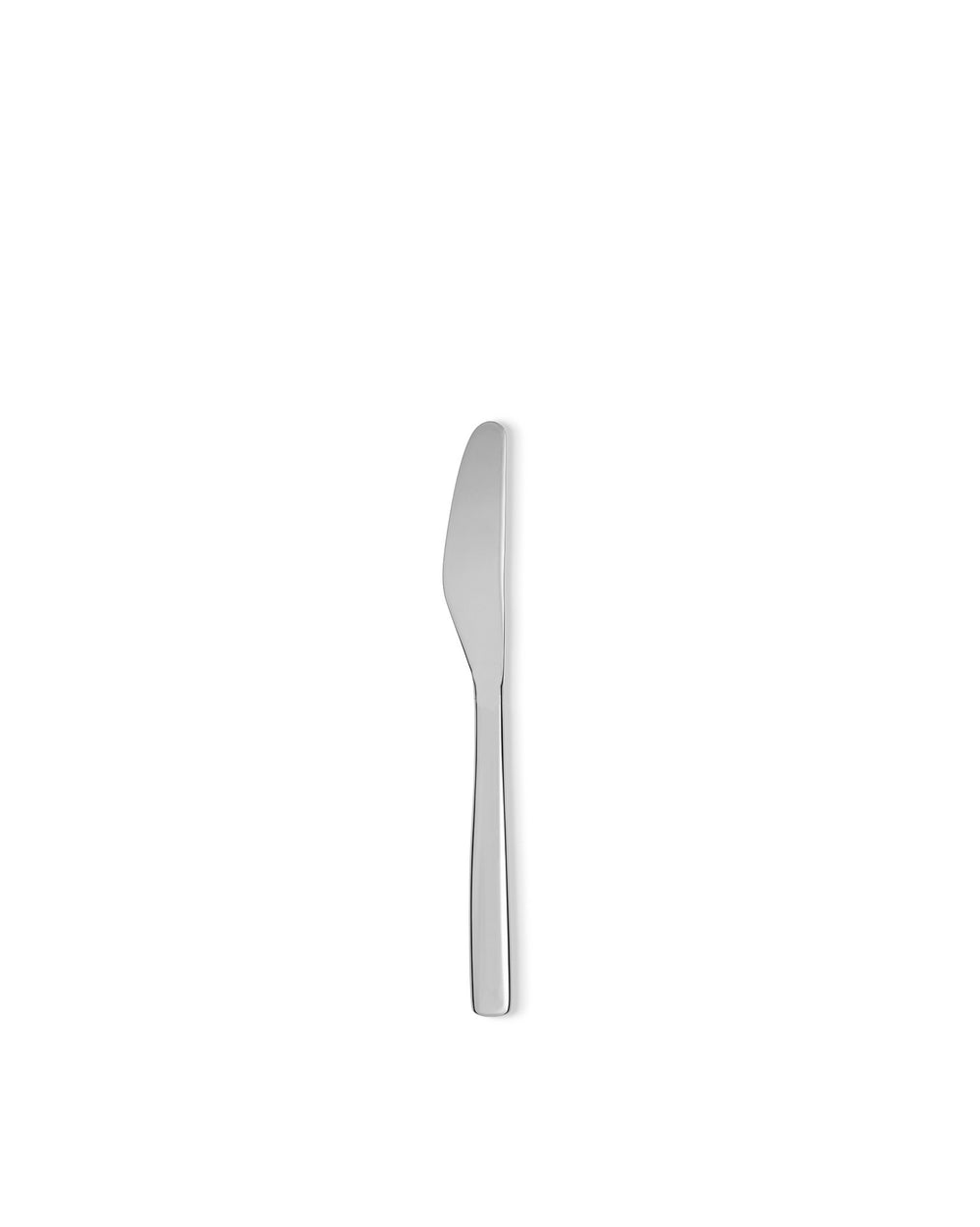 Silver stainless steel knife by Alessi with a polished, sleek, modern design displayed vertically.
