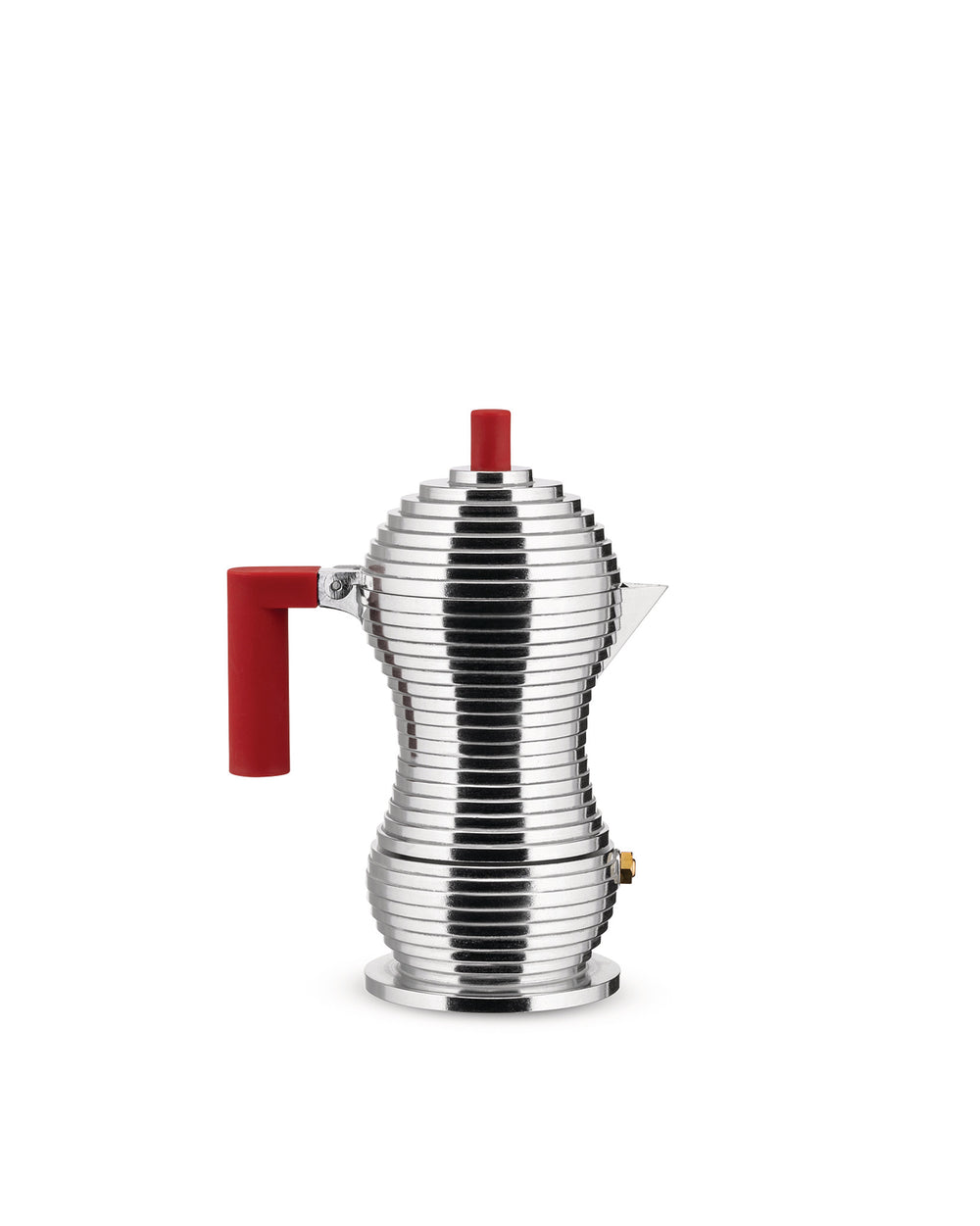 Silver metal moka pot with red handle and knob by Alessi, featuring a distinctive tiered, curvilinear design.