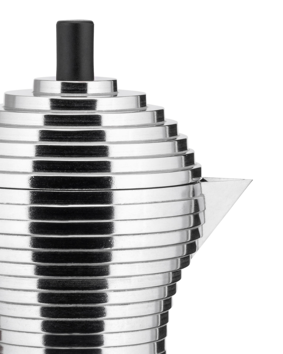 Shiny silver-toned tiered espresso maker by Alessi, with a black knob and pointed spout, cropped side view.