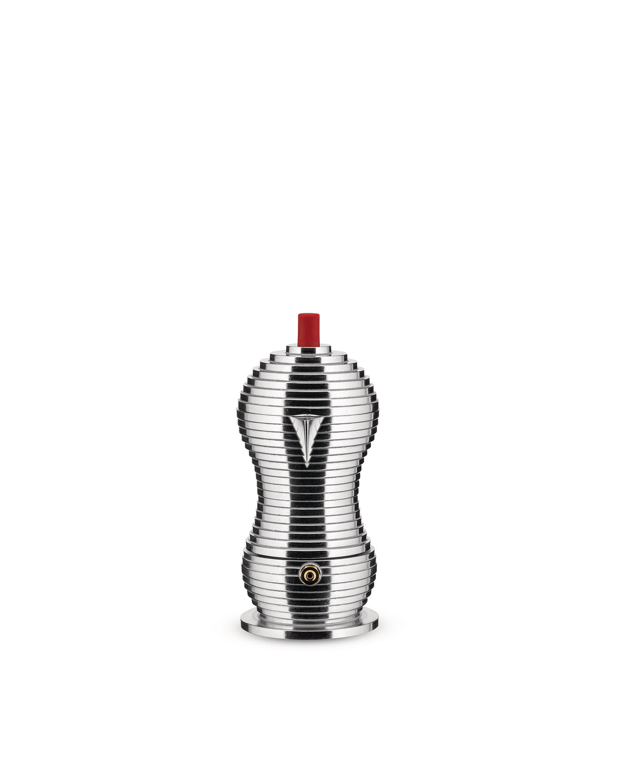 Silver metal coffee maker by Alessi with a ribbed, hourglass shape, featuring a prominent red top and a unique V-shaped spout.