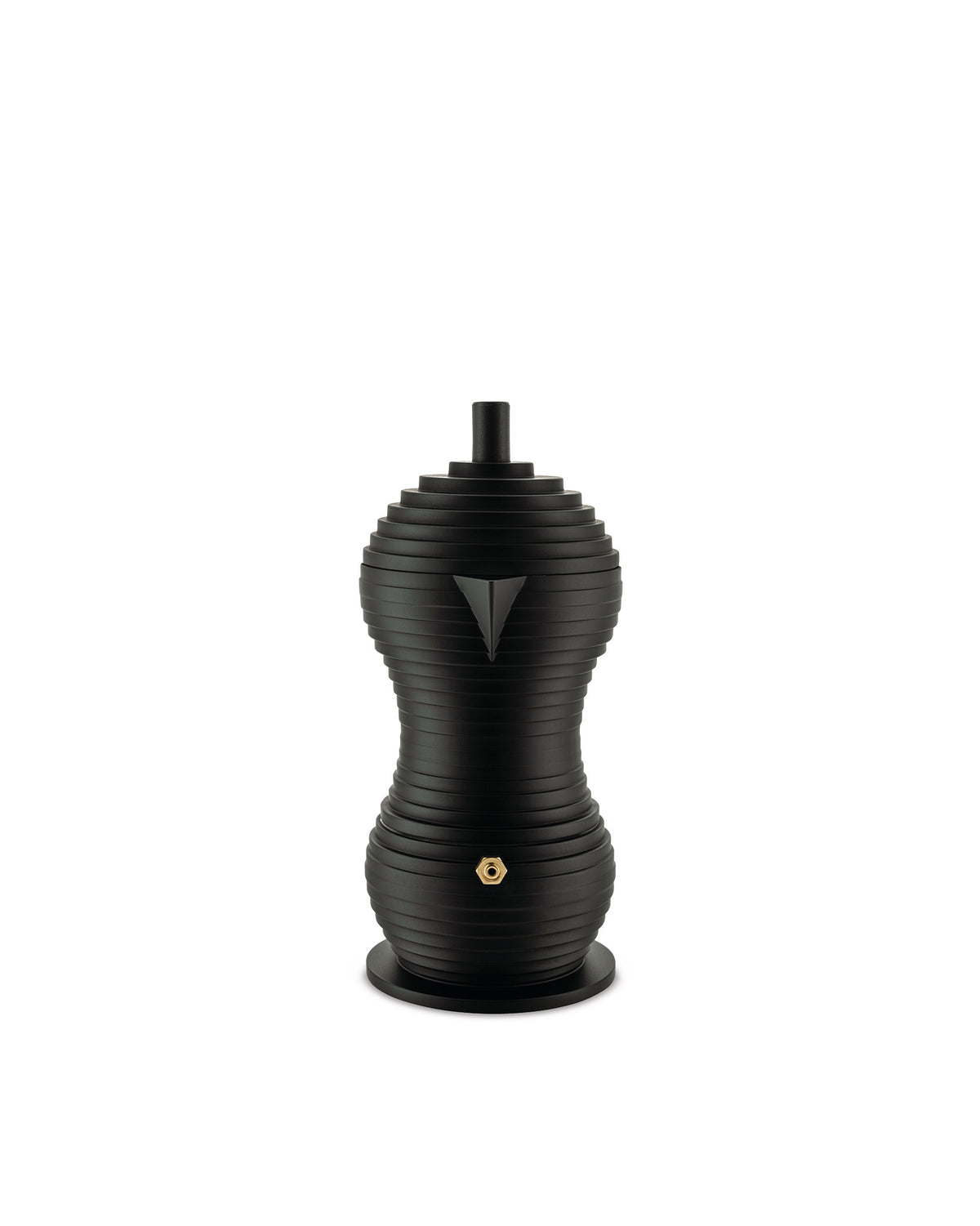 Black ridged espresso maker by Alessi with an hourglass shape, triangular spout, and gold pressure valve.