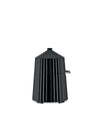 Black pleated electric citrus-squeezer by Alessi with a conical top and small pouring spout.