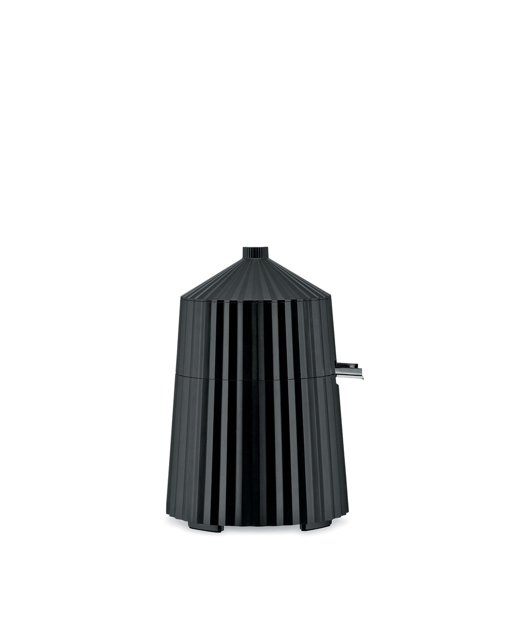 Black pleated electric citrus-squeezer by Alessi with a conical top and small pouring spout.