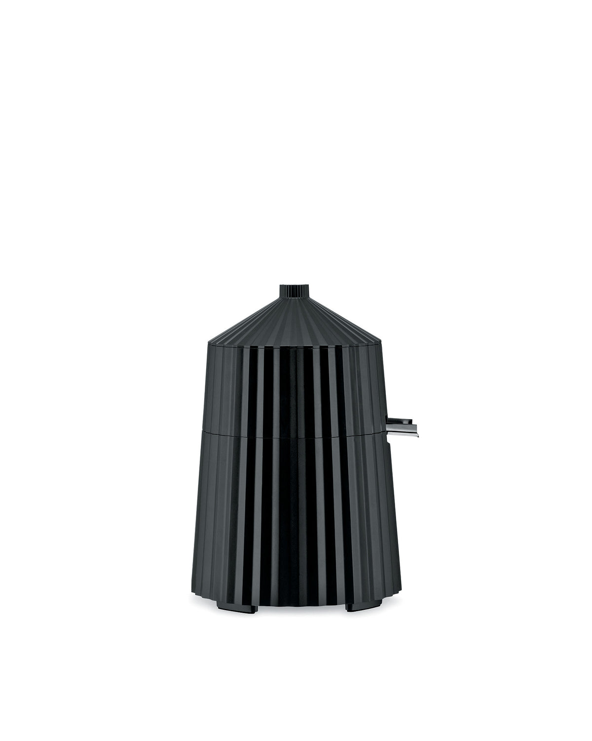 Black pleated electric citrus-squeezer by Alessi with a conical top and small pouring spout.