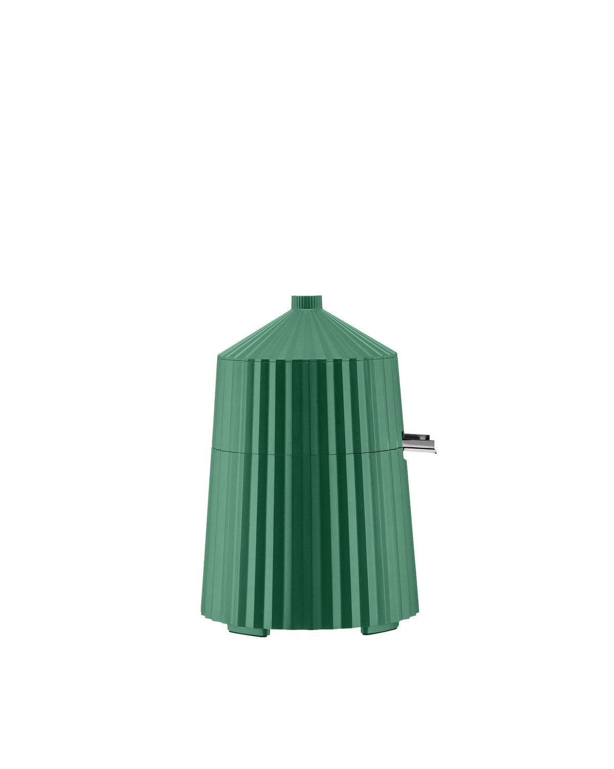 Green pleated kettle by Alessi, with a ribbed conical design and visible side spout.