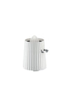 White pleated electric juicer by Alessi with a conical reamer and a metal spout.