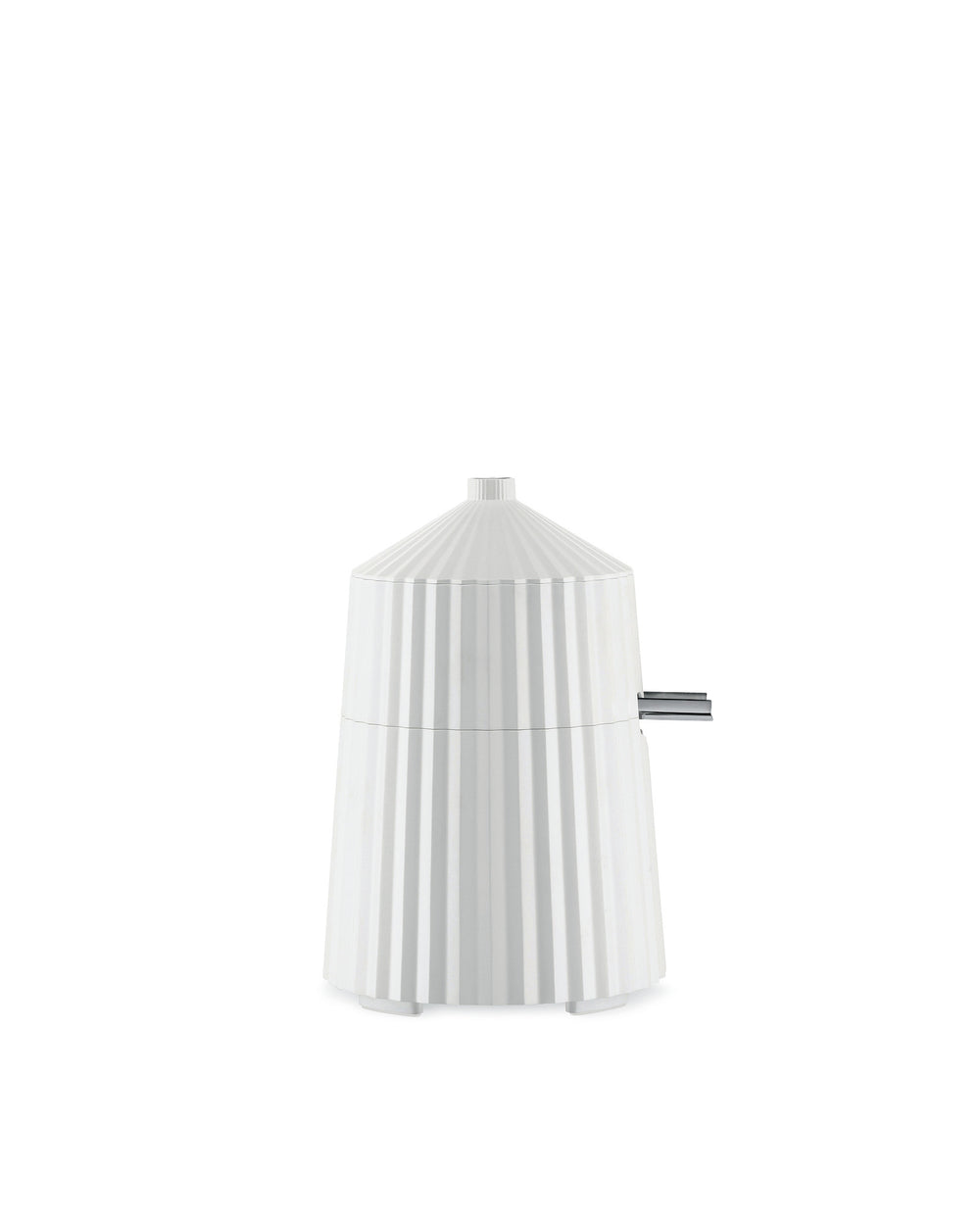 White pleated tabletop appliance by Alessi with a narrow conical top and silver handle.