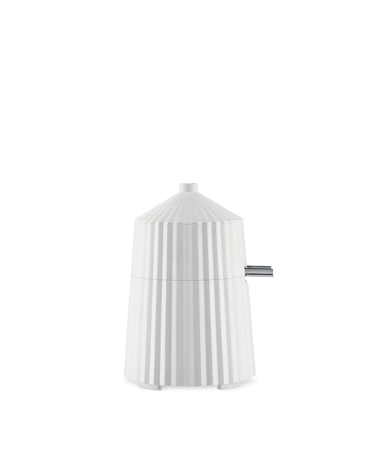 White pleated tabletop appliance by Alessi with a narrow conical top and silver handle.