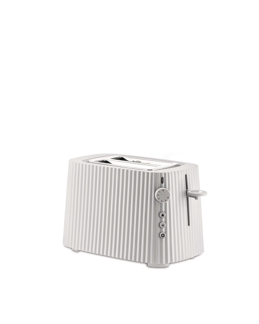 White toaster by Alessi with a pleated textured finish, control dial, and side lever.