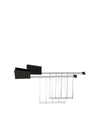 Black and silver Plissé toaster by Alessi, featuring ribbed panels and shiny wire toast racks.