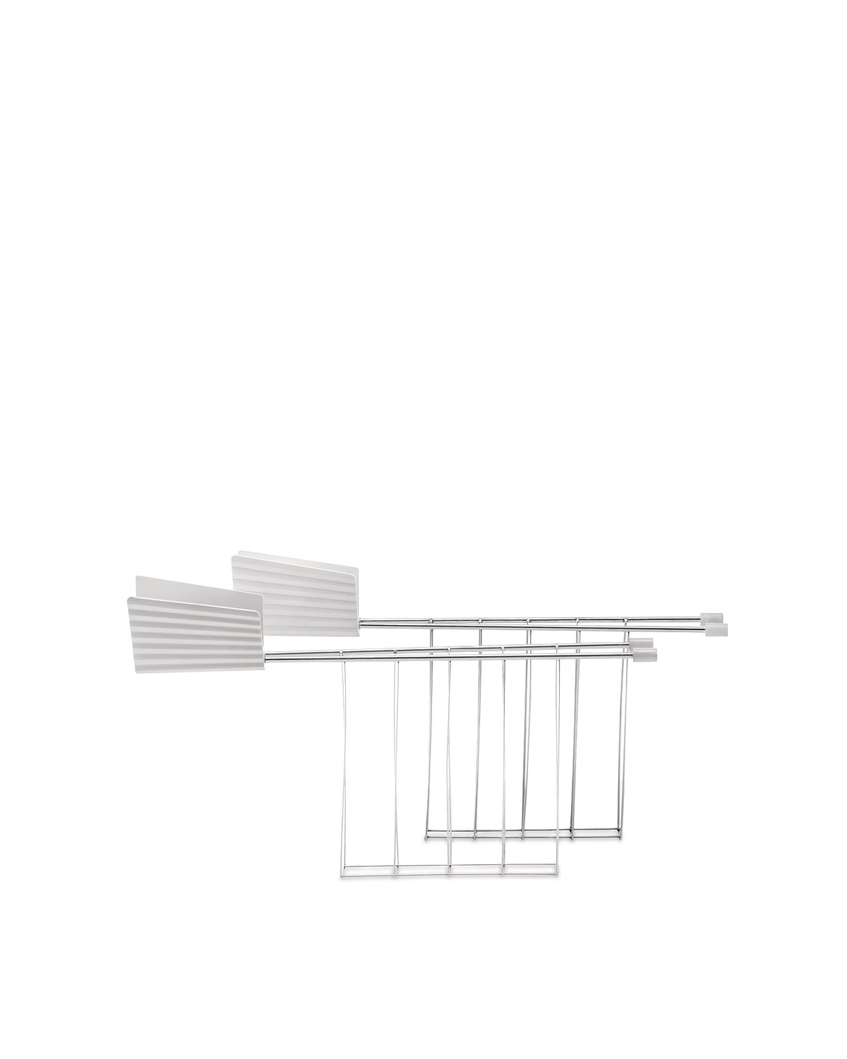 Silver metal toaster warming rack by Alessi, featuring two ribbed white panels.