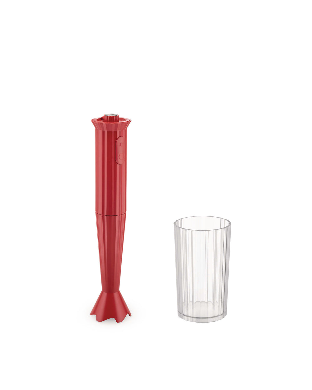 Red pleated hand blender by Alessi, standing next to a clear ribbed measuring cup.