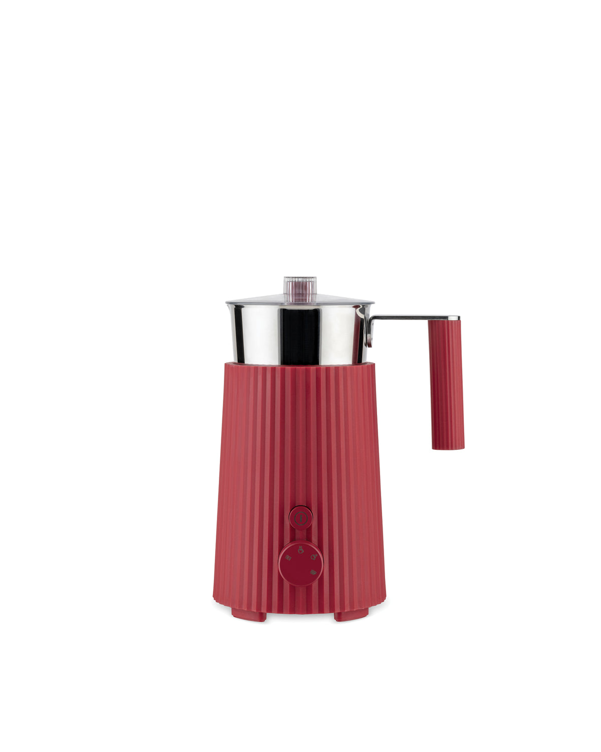 Red pleated electric frother by Alessi, featuring a metallic jug, clear lid, and front control panel.