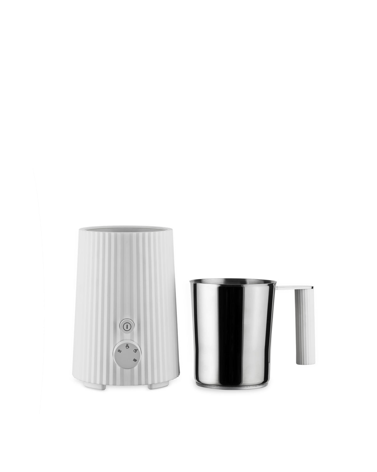 White ribbed milk frother by Alessi with a control dial and a separate stainless steel pitcher.