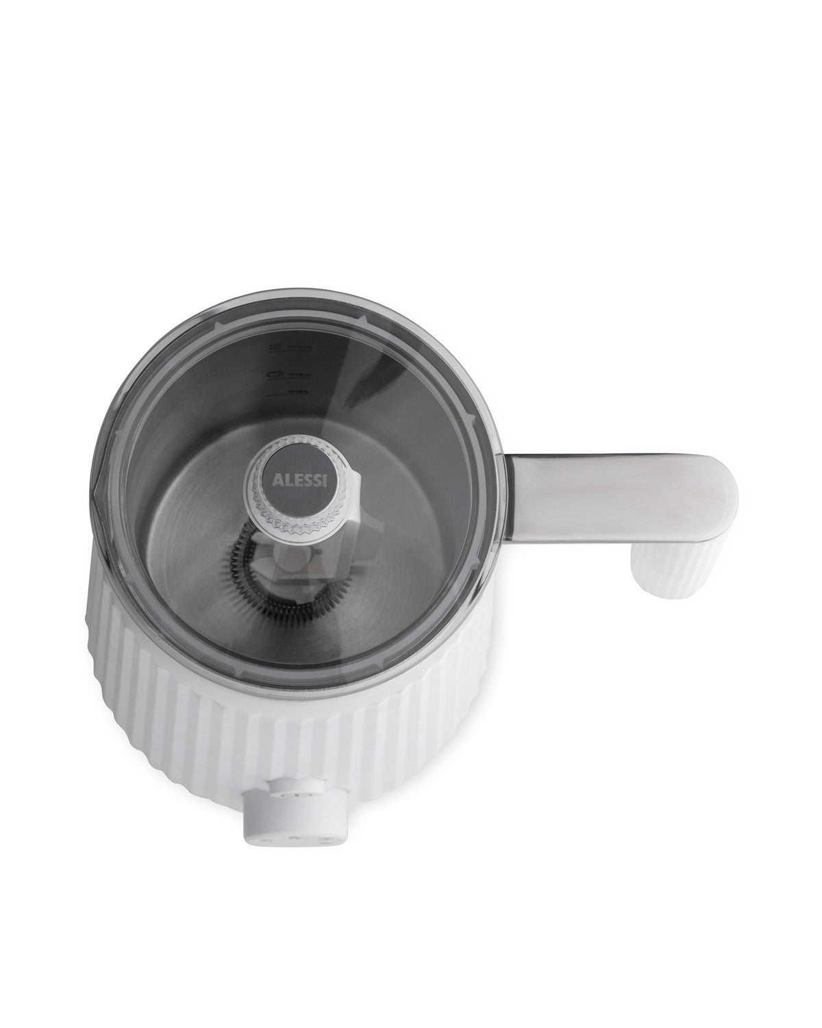 White electric milk frother by Alessi with a ribbed exterior, stainless steel interior, and clear lid showing a whisk, viewed from above.