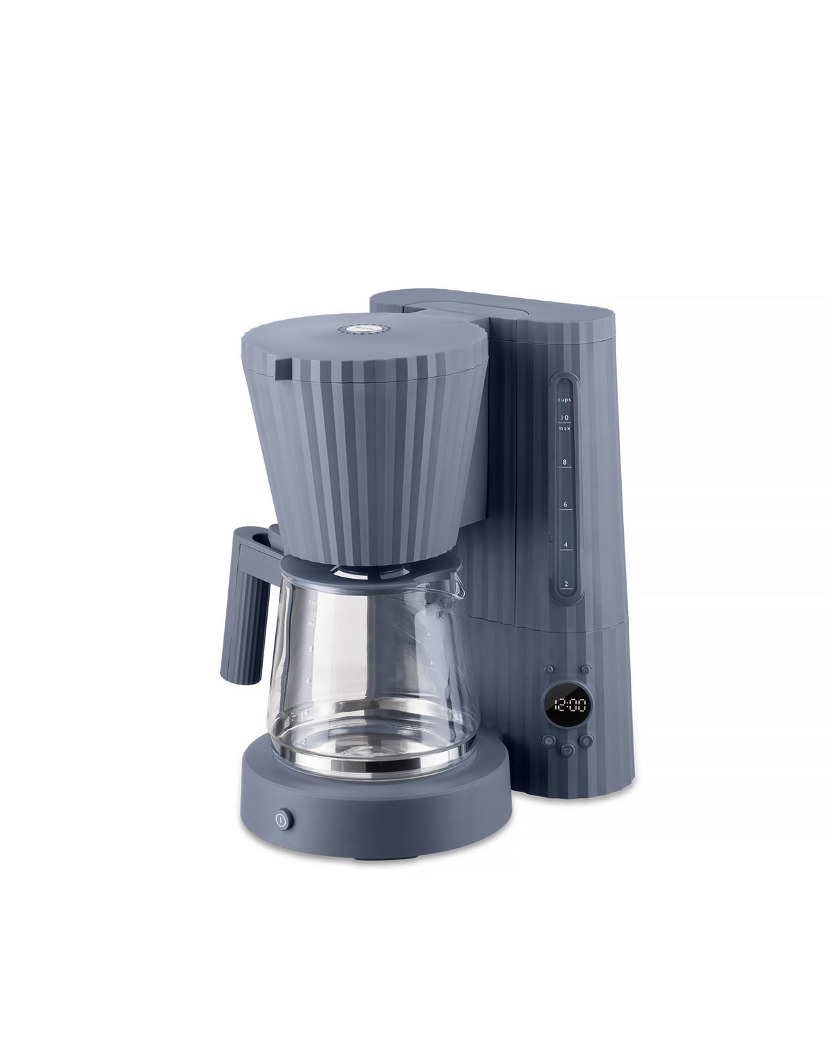 Dark gray coffee machine by Alessi with pleated texture, glass carafe, and digital clock display.