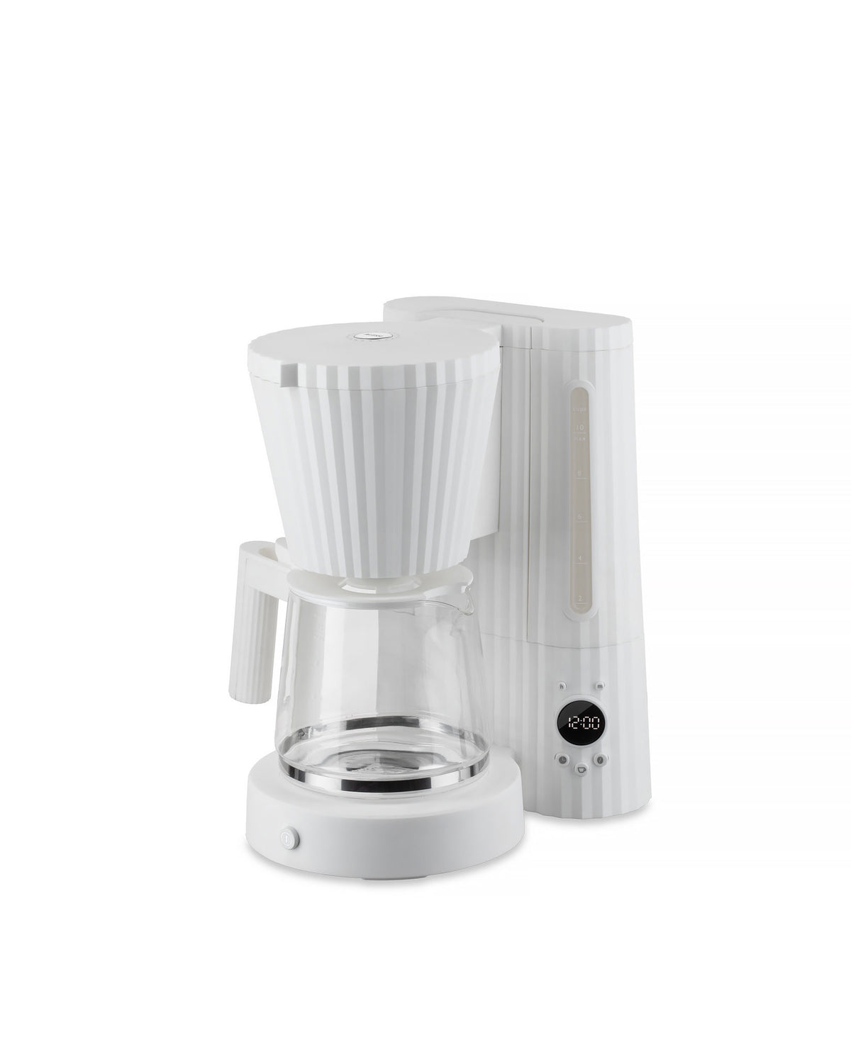 White ribbed coffee maker by Alessi, featuring a glass carafe and digital clock showing 12:00.