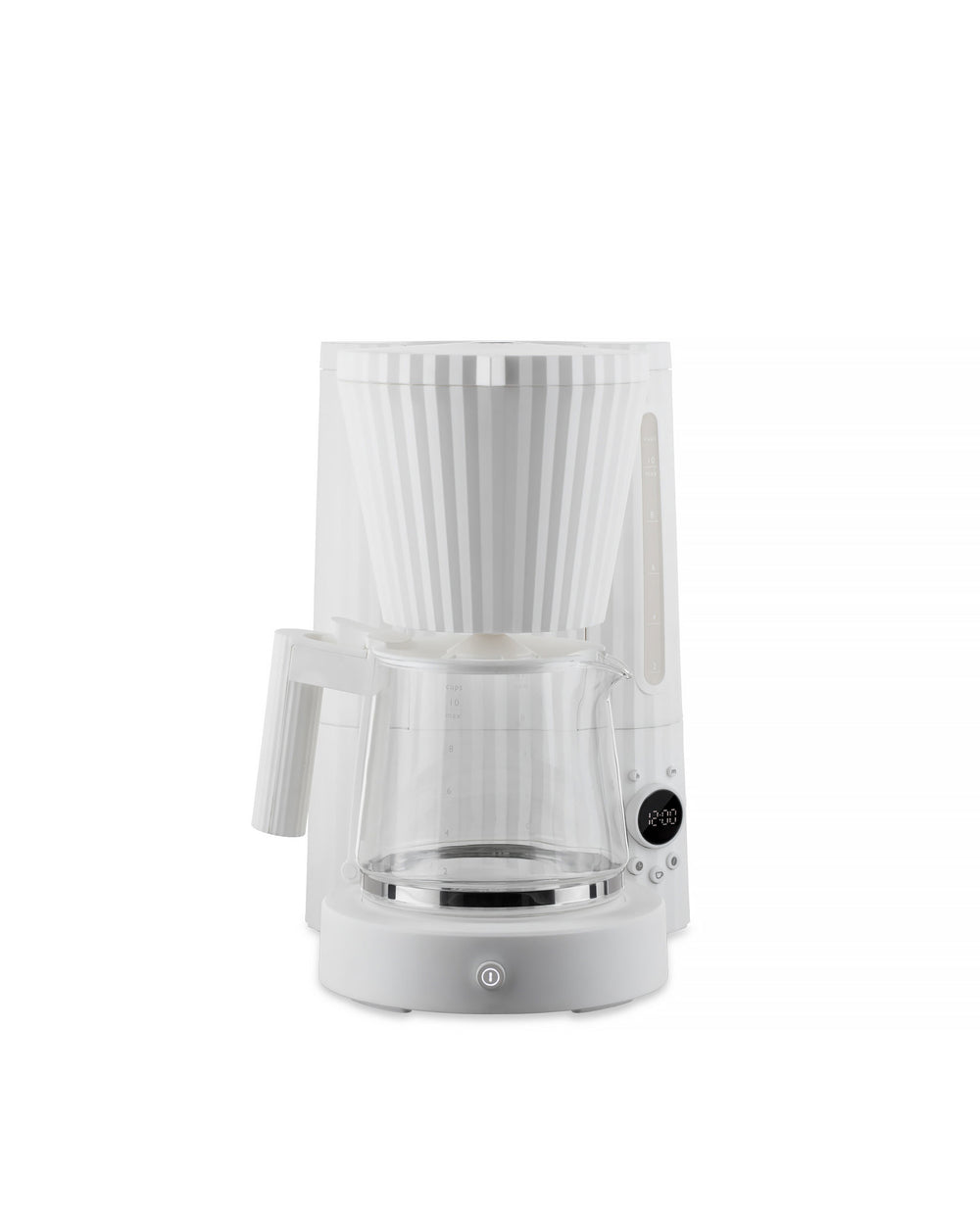 White pleated coffee machine by Alessi with a transparent glass carafe and digital clock on a white background.