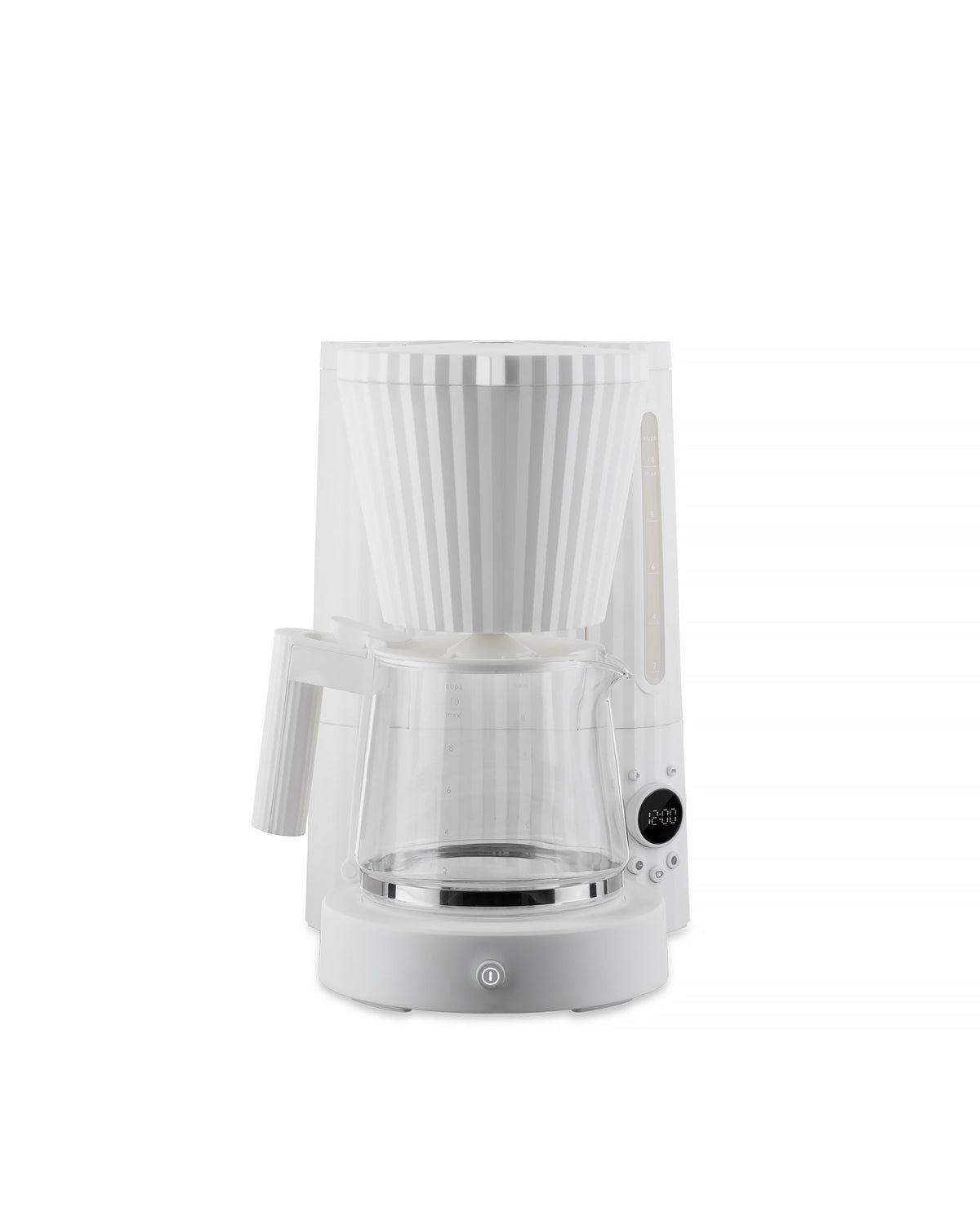White pleated coffee machine by Alessi with a transparent glass carafe and digital clock on a white background.