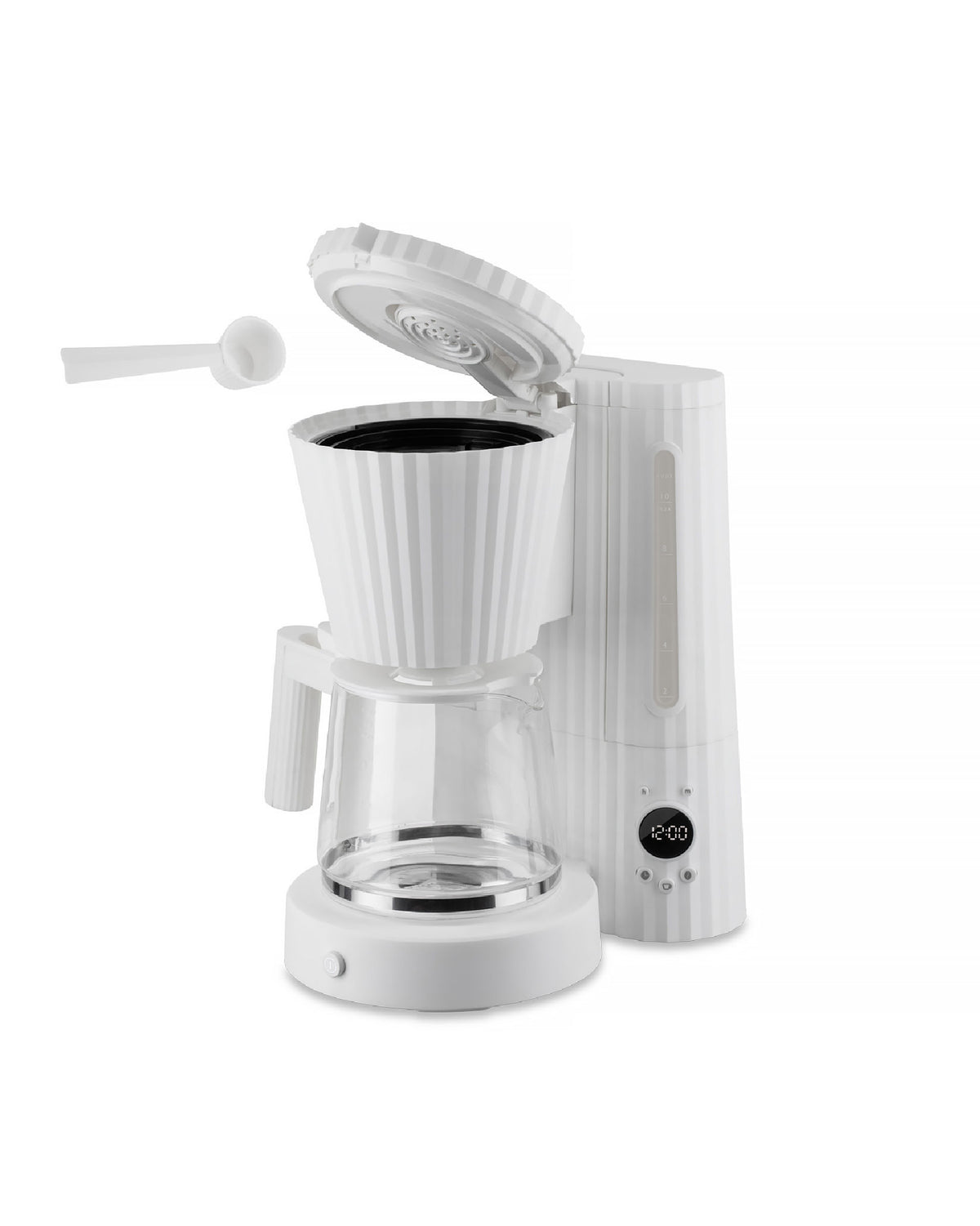 White ribbed coffee machine by Alessi with an open lid, glass carafe, and a measuring scoop.