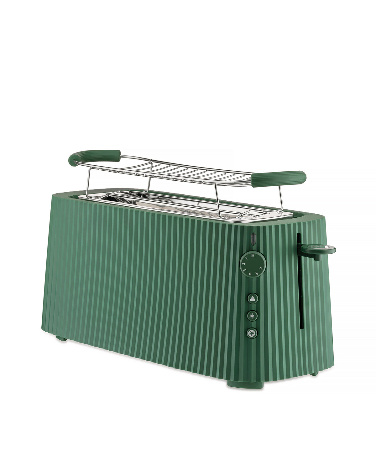 Green toaster by Alessi with a pleated design and chrome warming rack, angled view.