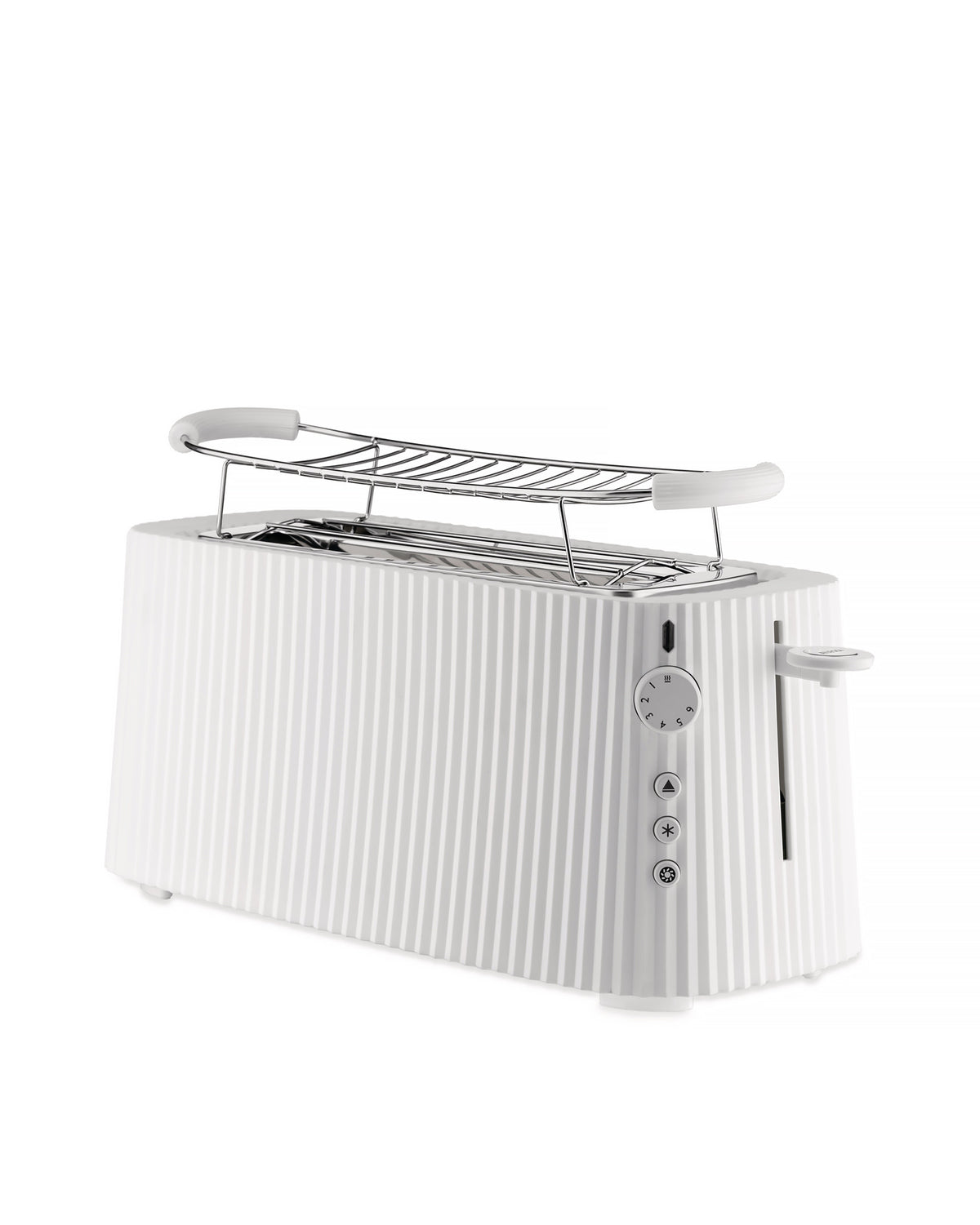 White pleated toaster by Alessi with an integrated warming rack, control dials, and buttons.