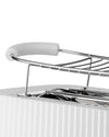 White ribbed toaster with chrome warming rack by Alessi, a close-up view.